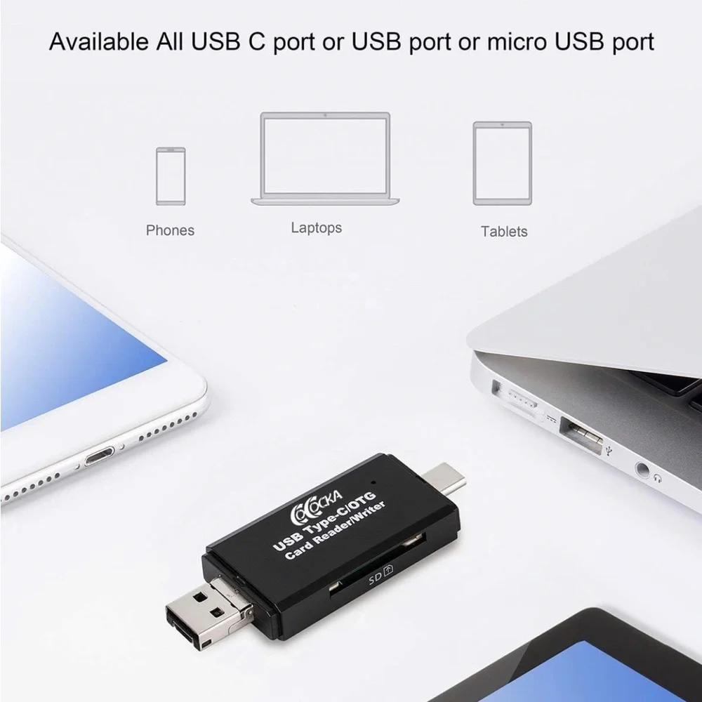 SD Card Reader, 3 in 1 USB-C USB-A Micro USB Camera Memory Card New